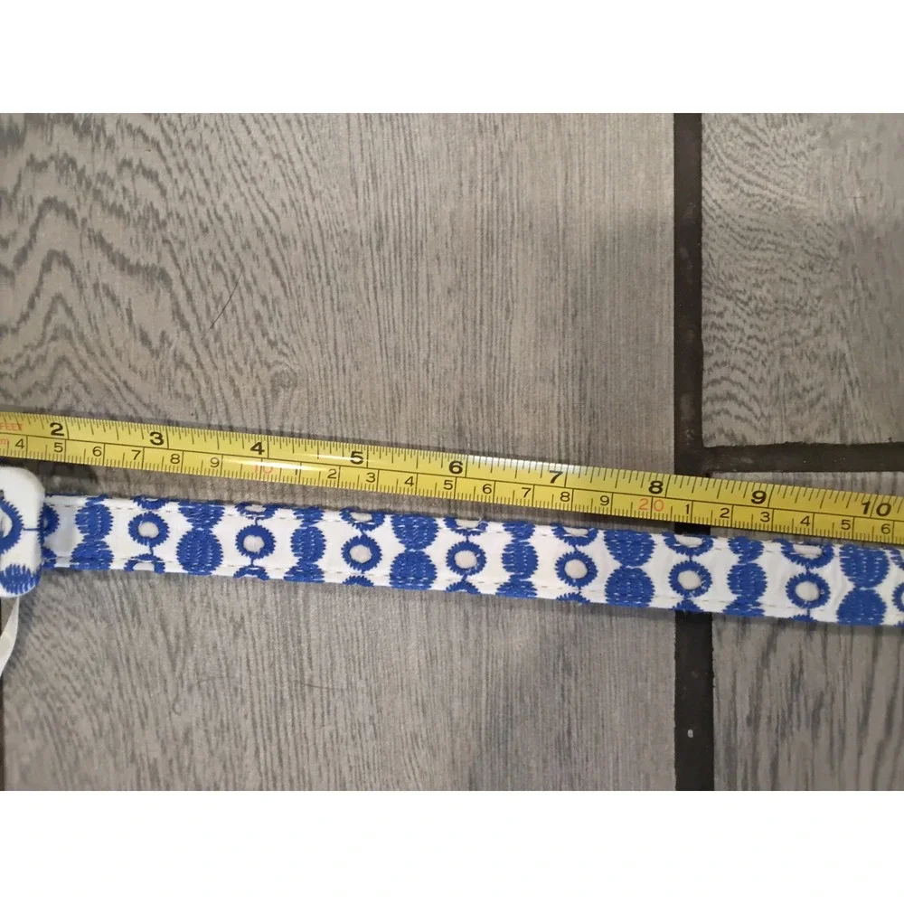 Blue White Geometric Embroidered Fabric Belt Silver Buckle Grommet 40 Inch